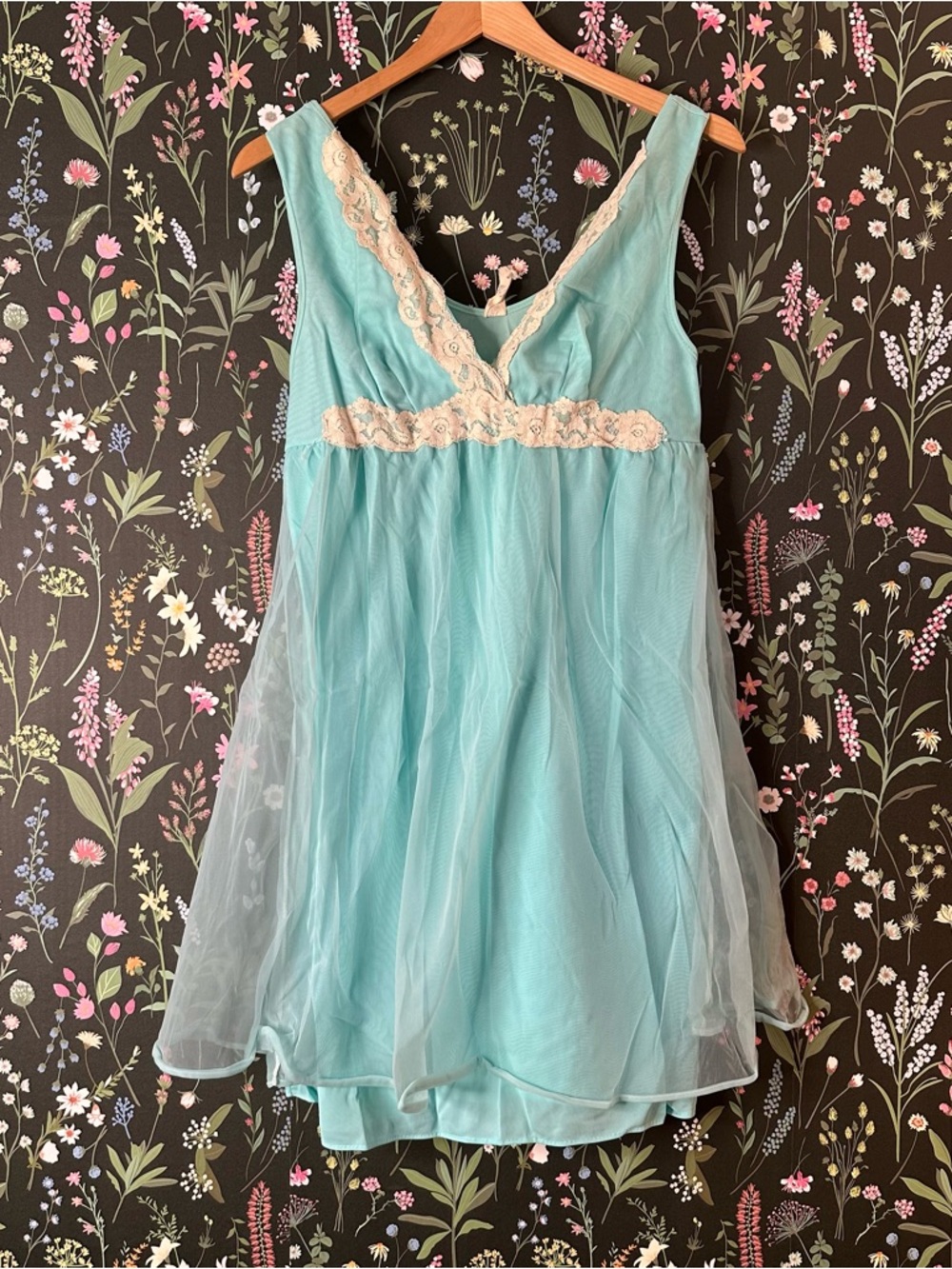 Vintage 60s 70s Aqua Fluffy Chemise with Cream Lace Trim